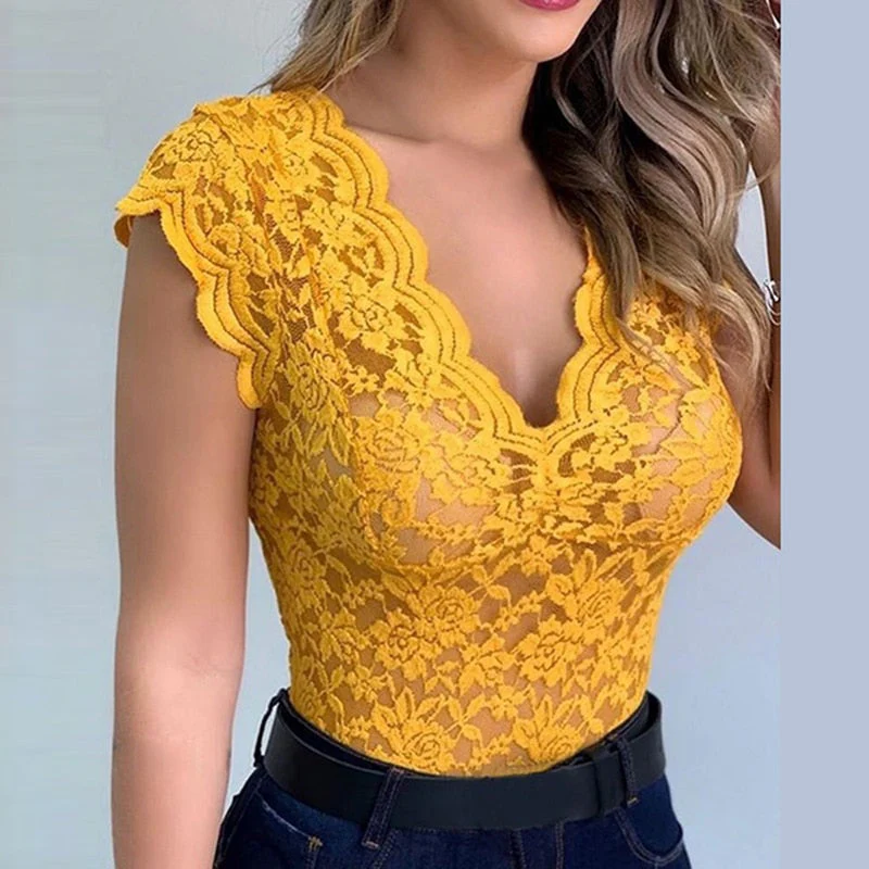 Lace Top – Elegant V-neck Blouse with Floral Pattern - Image 3