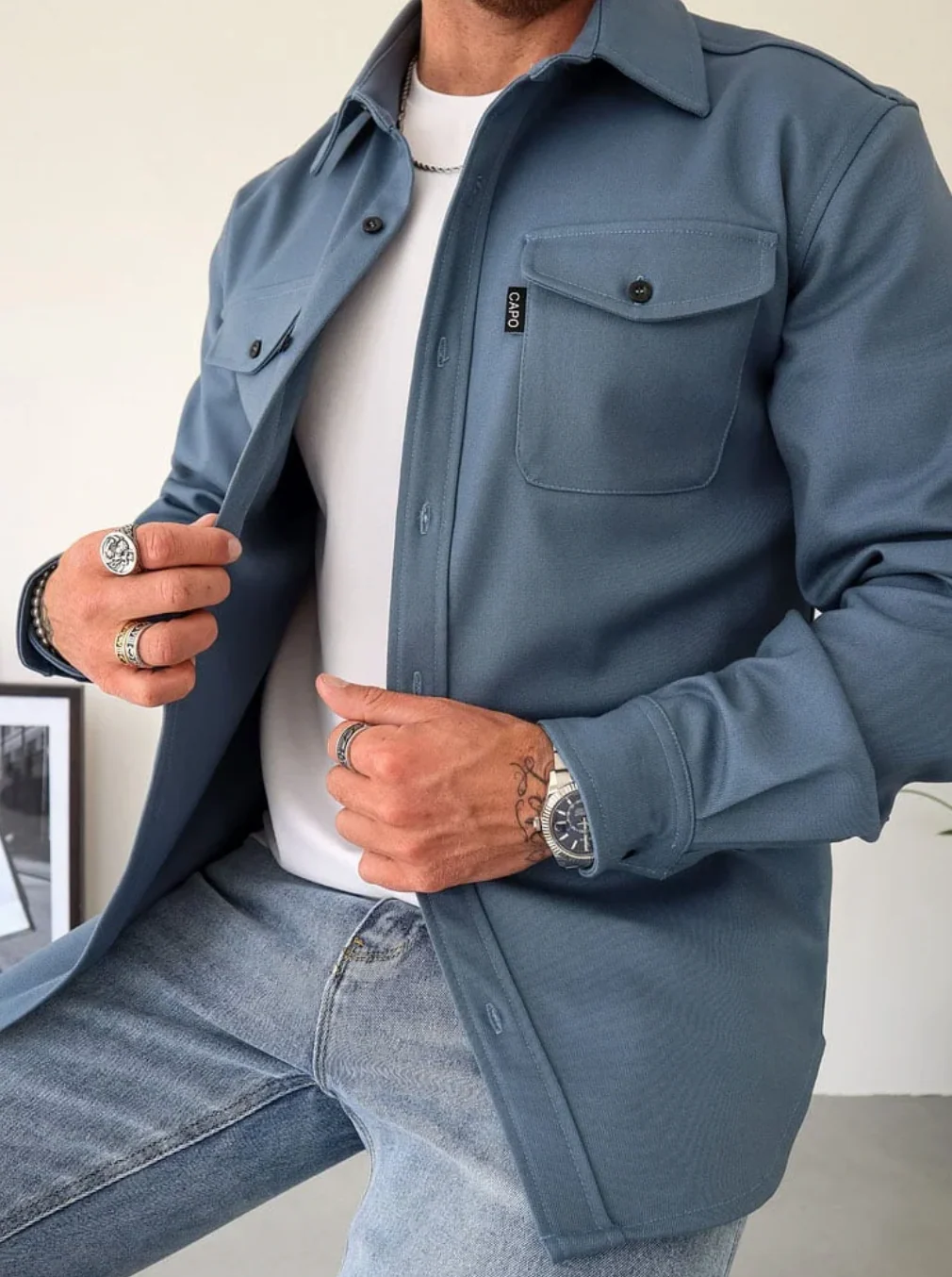 Men's Overshirt – Tailored Fit – Button Closure – Chest Pockets with Flap – Long Sleeves - Image 3