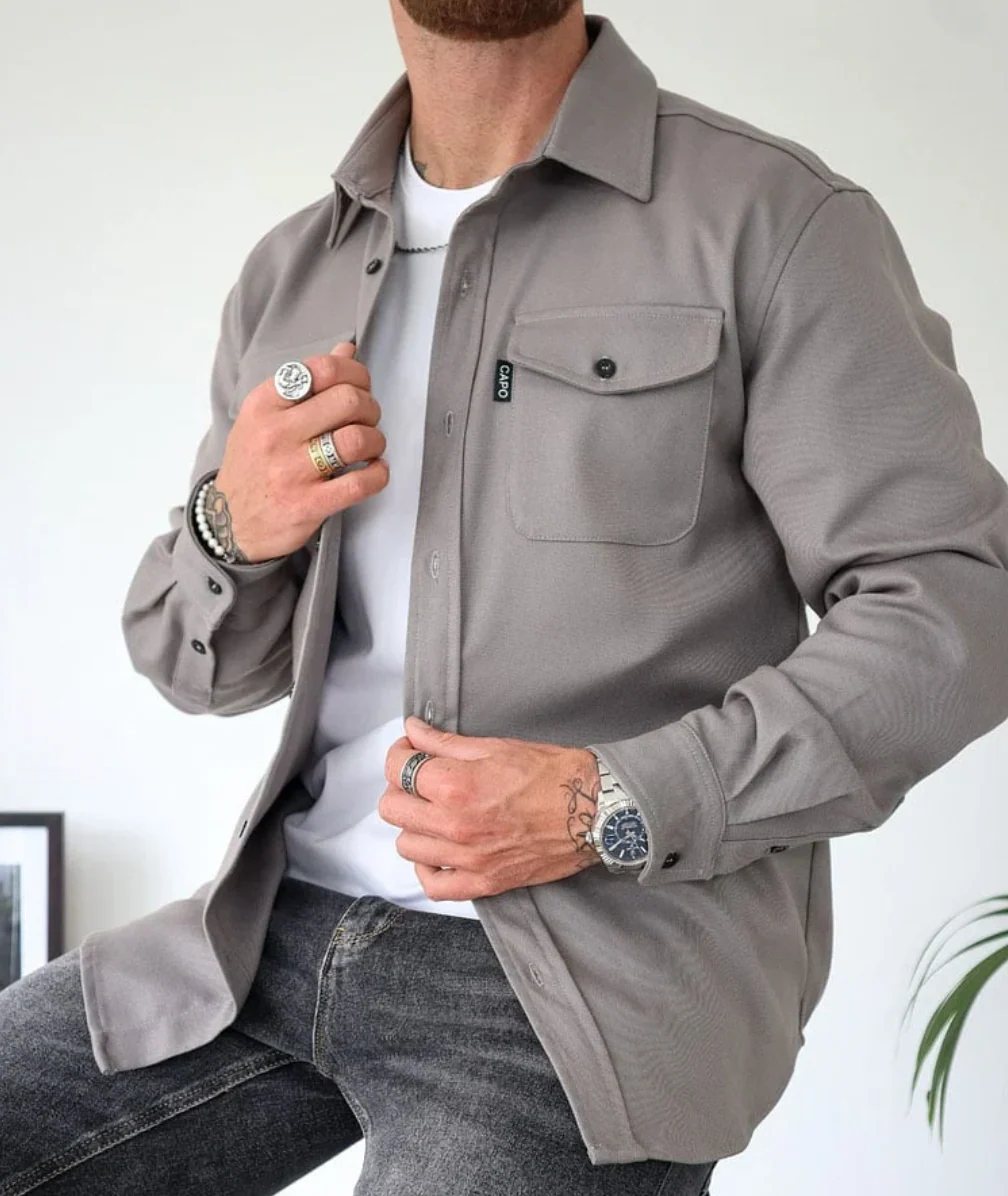 Men's Overshirt – Tailored Fit – Button Closure – Chest Pockets with Flap – Long Sleeves - Image 4