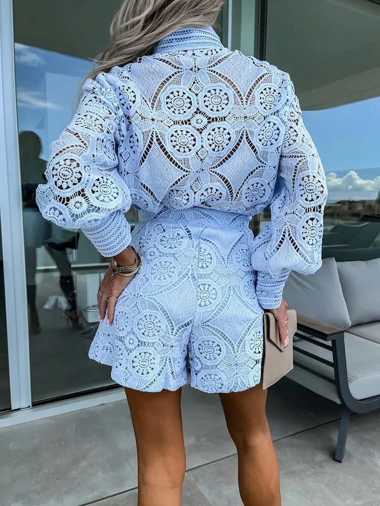 Ladies Lace Set – Blouse with Long Sleeves – High Waist Shorts – Elegant and Airy - Image 10