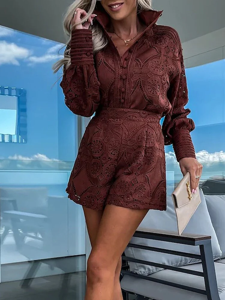 Ladies Lace Set – Blouse with Long Sleeves – High Waist Shorts – Elegant and Airy - Image 11