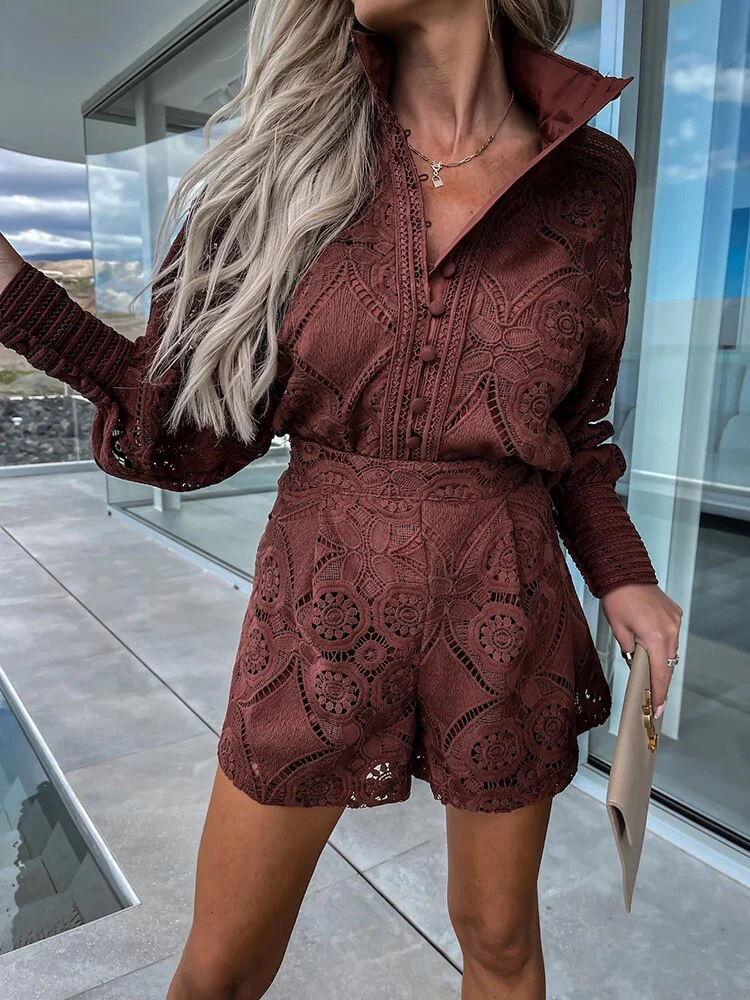 Ladies Lace Set – Blouse with Long Sleeves – High Waist Shorts – Elegant and Airy - Image 12
