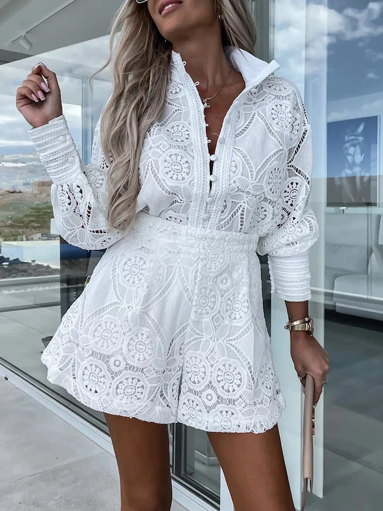 Ladies Lace Set – Blouse with Long Sleeves – High Waist Shorts – Elegant and Airy - Image 4
