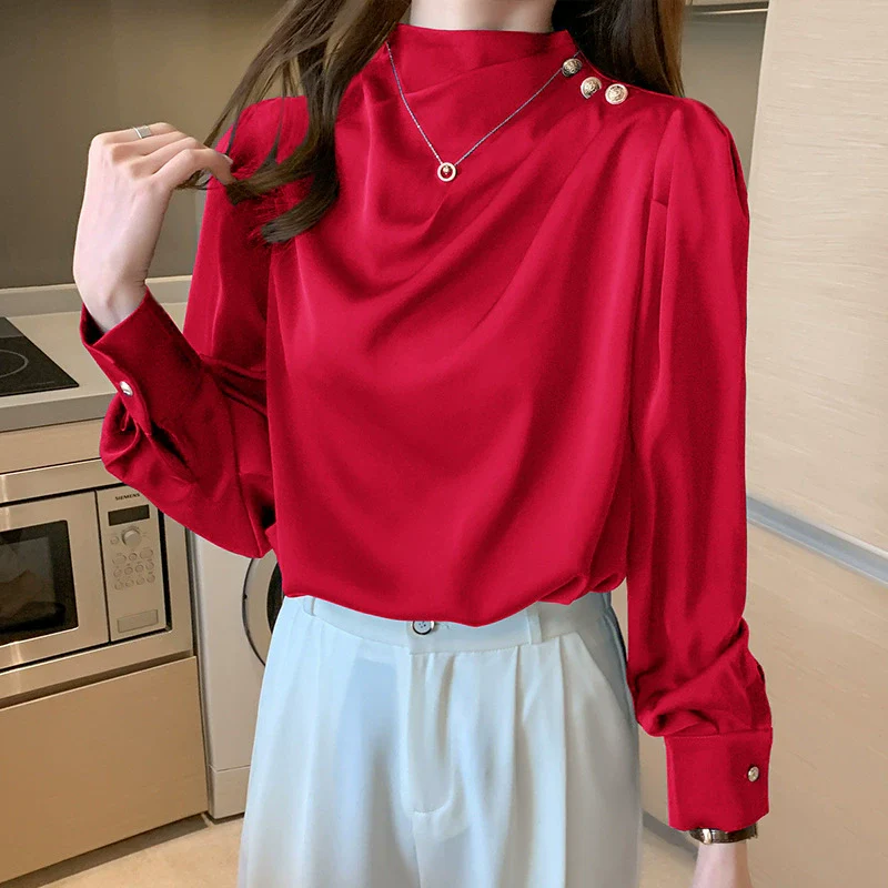 Ella | Elegant Satin Blouse With High Neckline And Buttoned Shoulder - Image 2