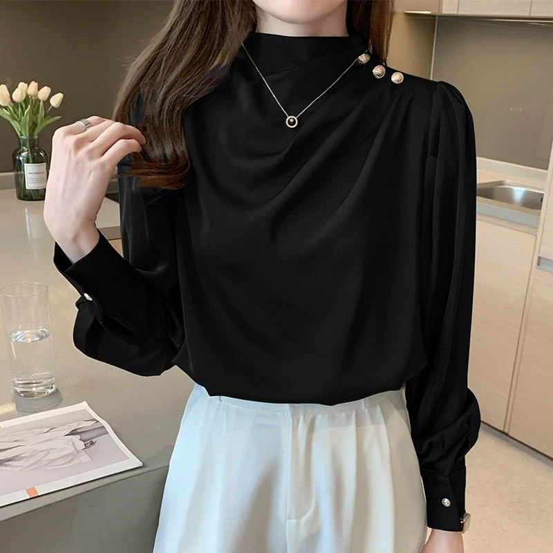 Ella | Elegant Satin Blouse With High Neckline And Buttoned Shoulder - Image 3