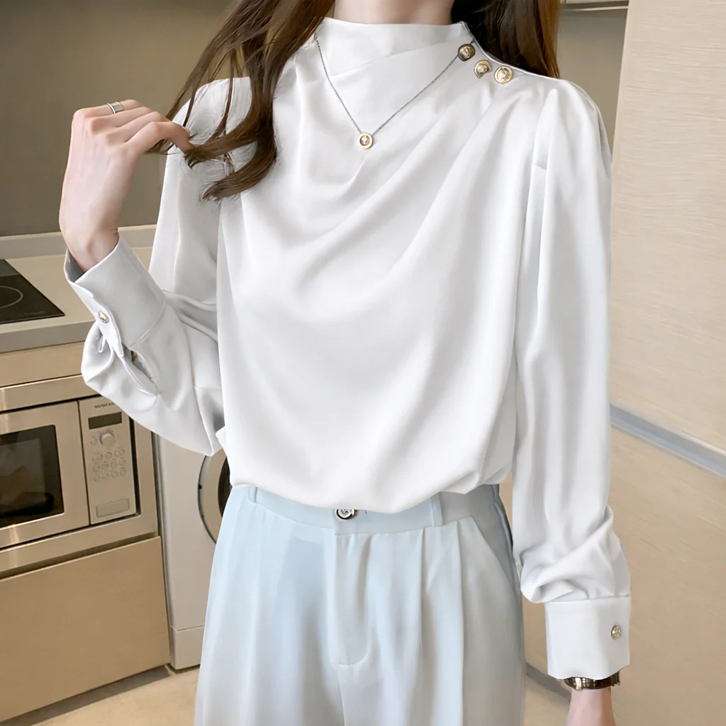 Ella | Elegant Satin Blouse With High Neckline And Buttoned Shoulder - Image 4