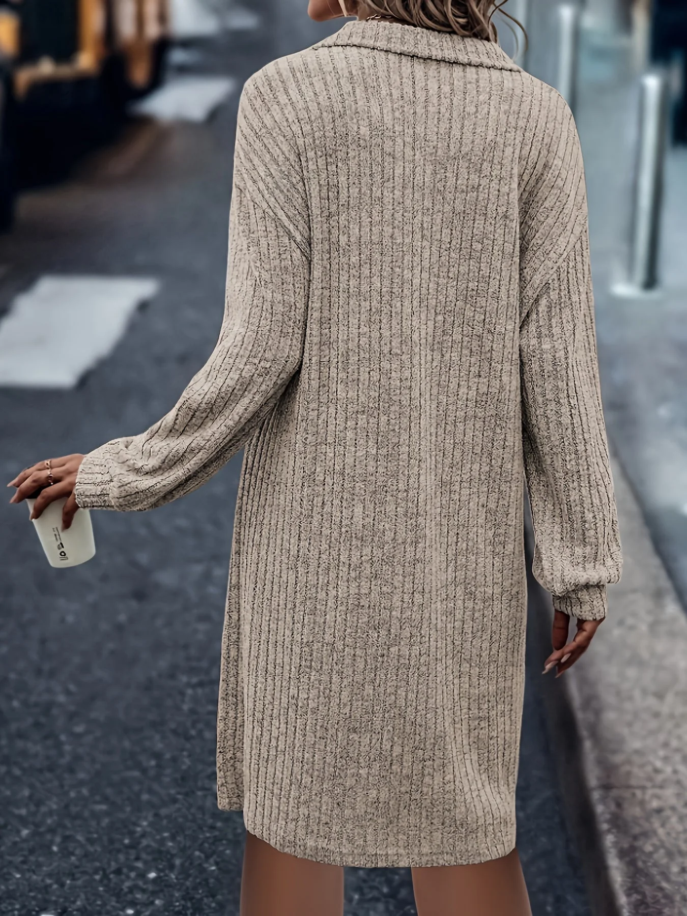 Khaki knit dress - women with a half-zip collar - Image 2