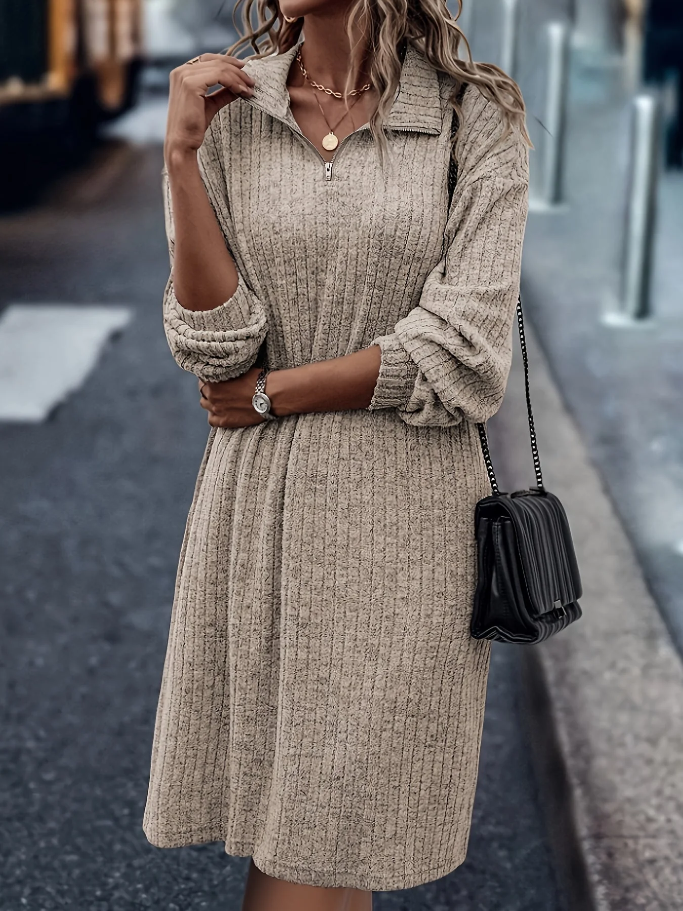 Khaki knit dress - women with a half-zip collar - Image 3