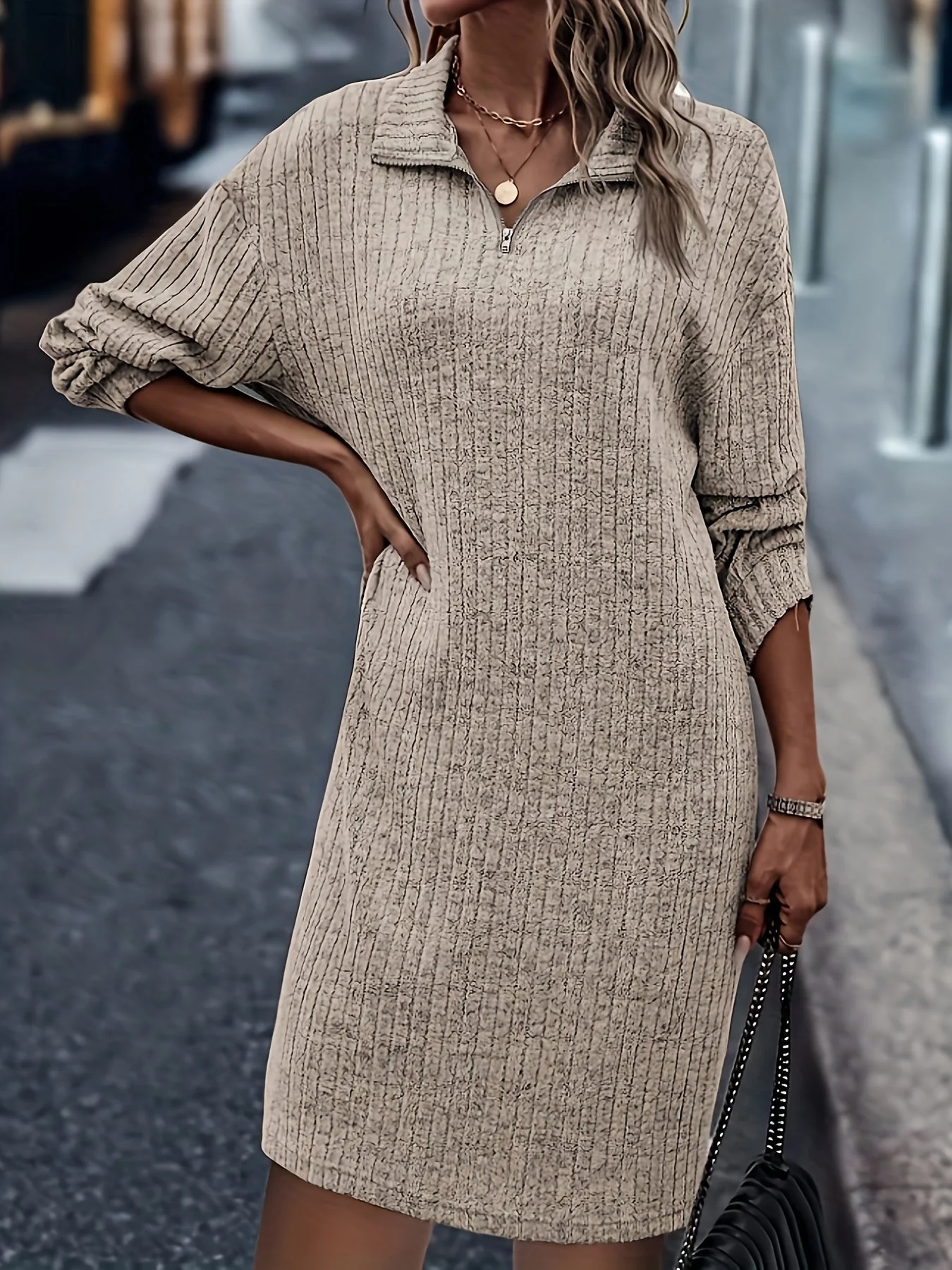 Khaki knit dress - women with a half-zip collar - Image 4