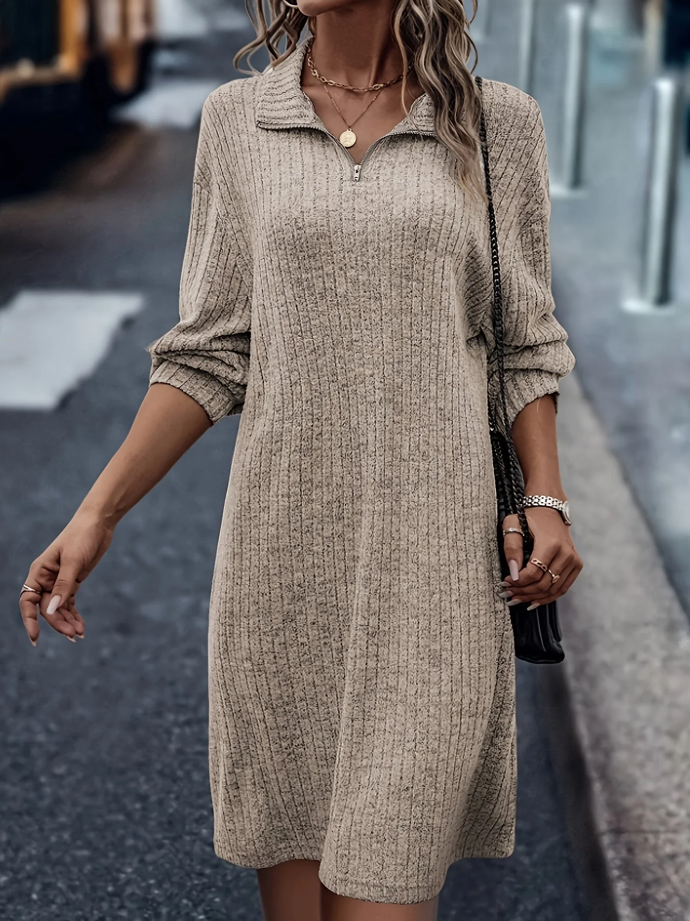 Khaki knit dress - women with a half-zip collar - Image 5
