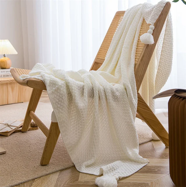 Knit Throw Blanket With Tasseled Edges In Bamboo Cotton - Image 2