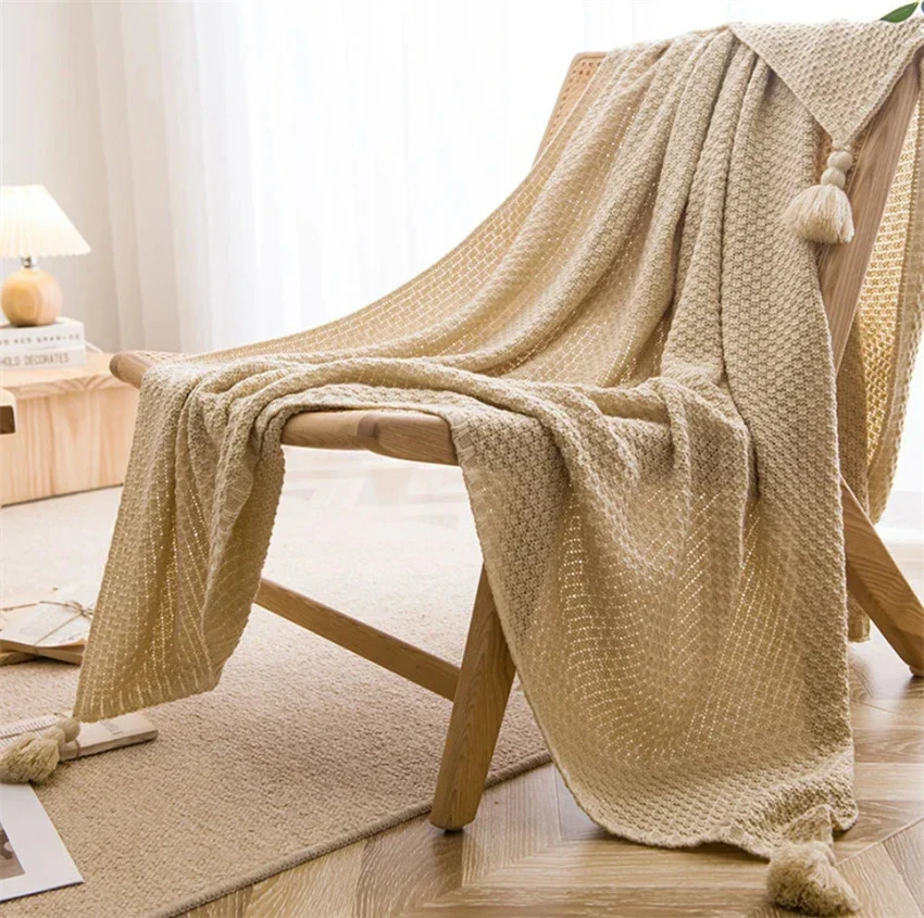 Knit Throw Blanket With Tasseled Edges In Bamboo Cotton - Image 3