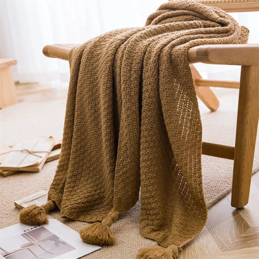 Knit Throw Blanket With Tasseled Edges In Bamboo Cotton - Image 7