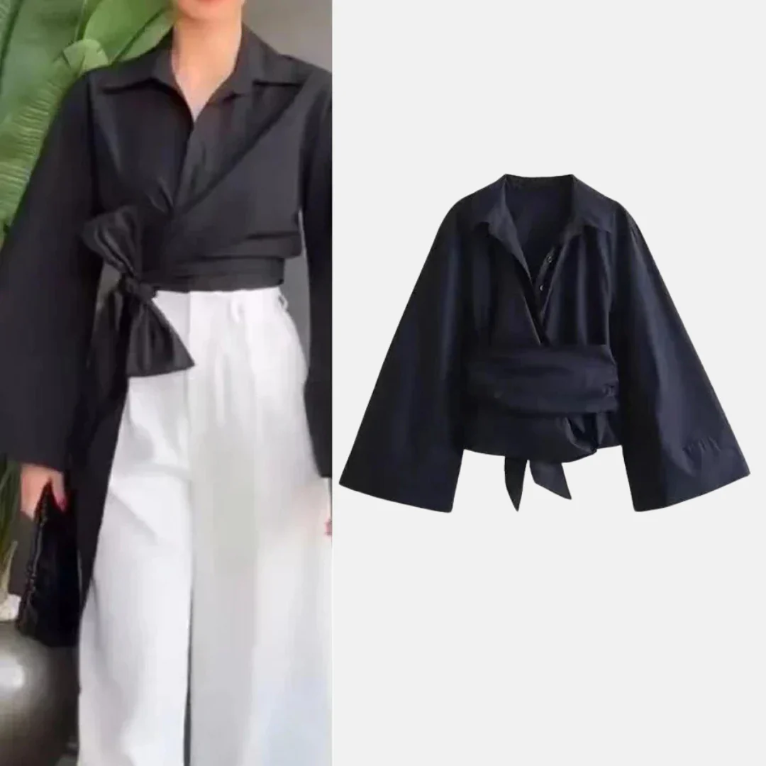 Krissy | Trendy women's shirt with polo collar and bow closure - Image 6