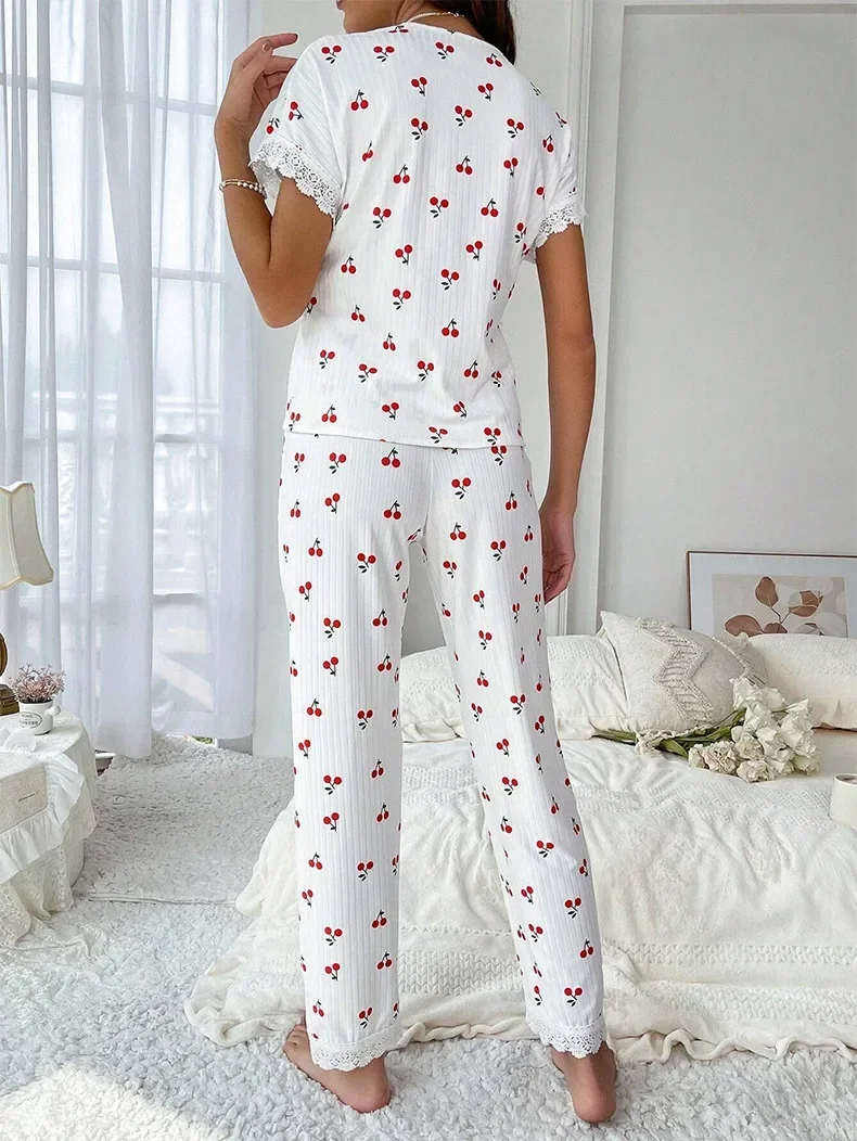 Cherry Pajama Set | Ladies 2-piece Lace Pajama with Cherry Print - Image 2
