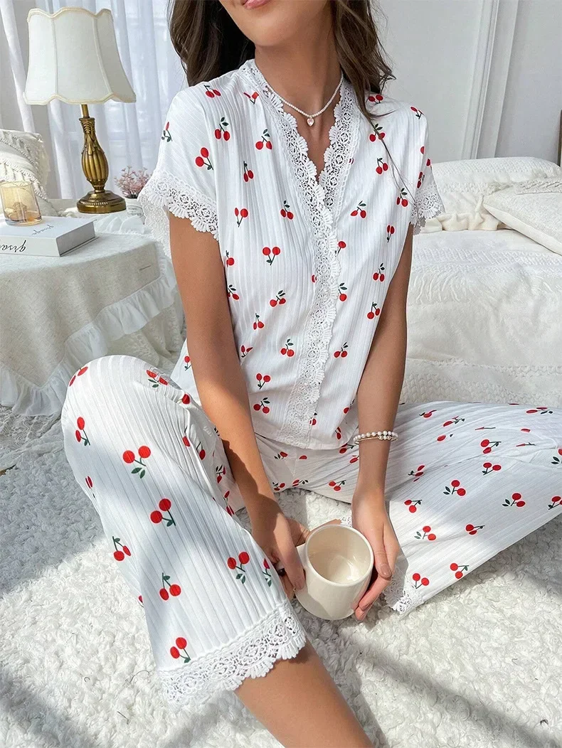 Cherry Pajama Set | Ladies 2-piece Lace Pajama with Cherry Print - Image 3