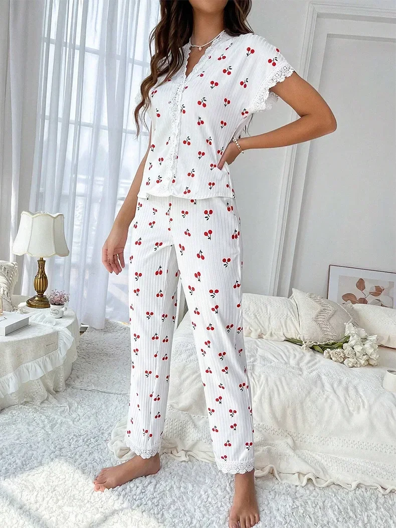 Cherry Pajama Set | Ladies 2-piece Lace Pajama with Cherry Print - Image 4