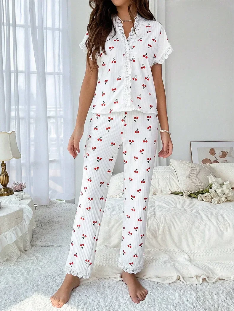 Cherry Pajama Set | Ladies 2-piece Lace Pajama with Cherry Print - Image 5