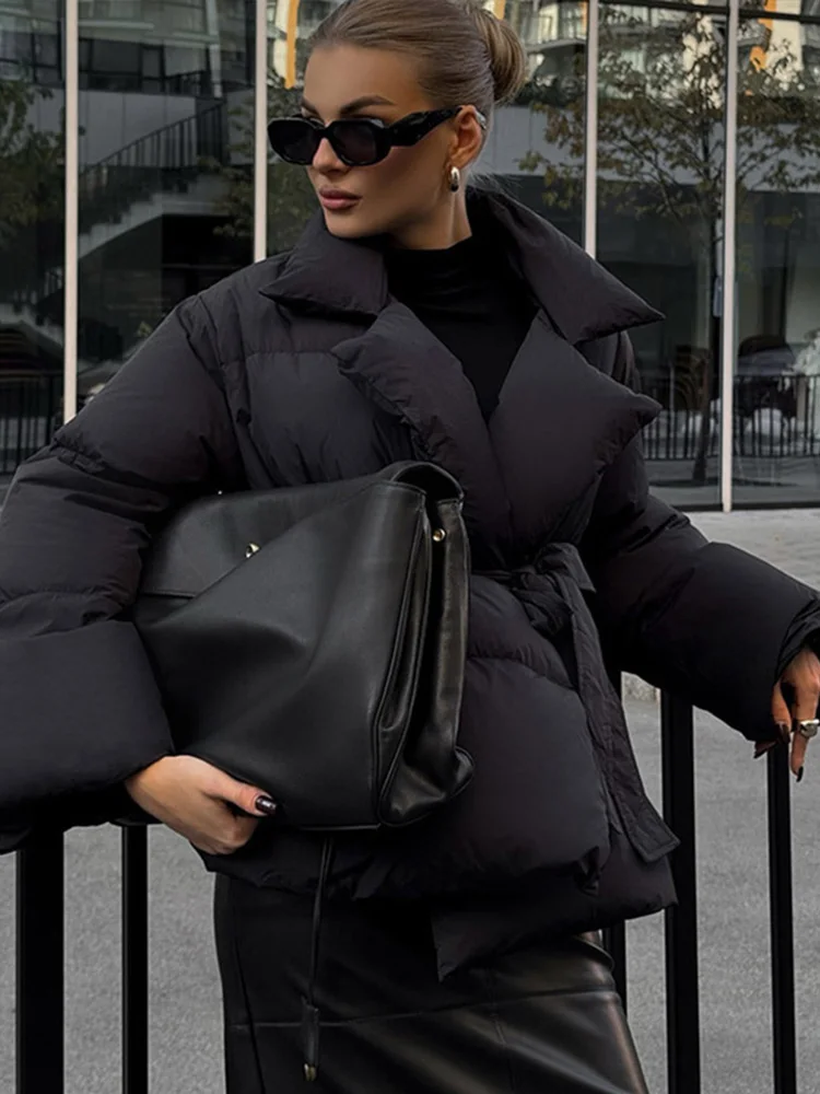 Long Puffer Parka For Women - Warm Black Coat with Collar and Belt - Image 3