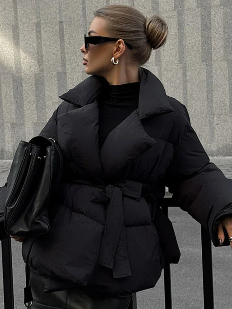 Long Puffer Parka For Women - Warm Black Coat with Collar and Belt - Image 4