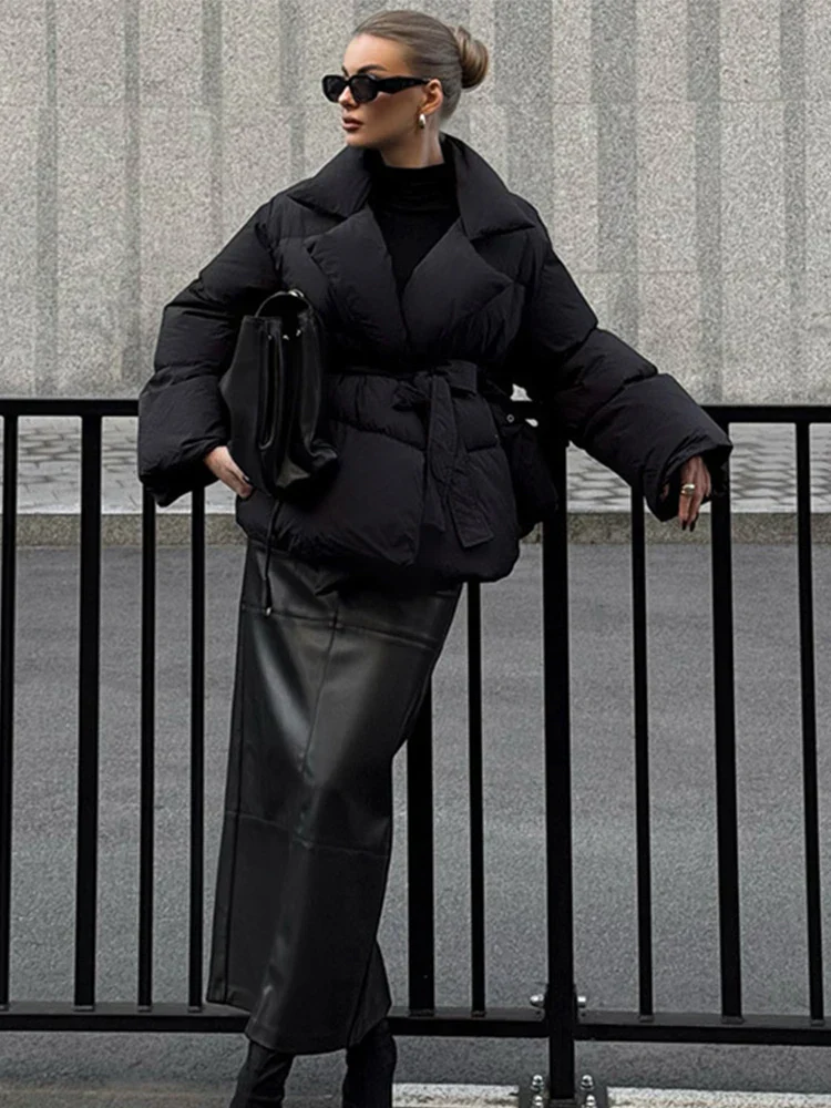 Long Puffer Parka For Women - Warm Black Coat with Collar and Belt - Image 5
