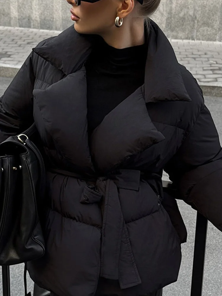 Long Puffer Parka For Women - Warm Black Coat with Collar and Belt - Image 6