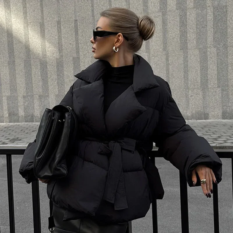 Long Puffer Parka For Women - Warm Black Coat with Collar and Belt - Image 7