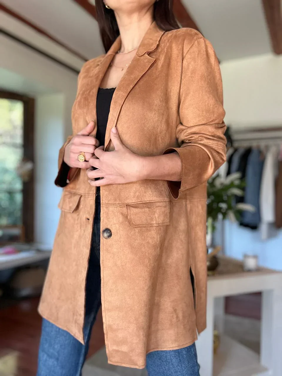 Long suede blazer for women - tailored camel-colored coat with buttons and pockets - Image 2