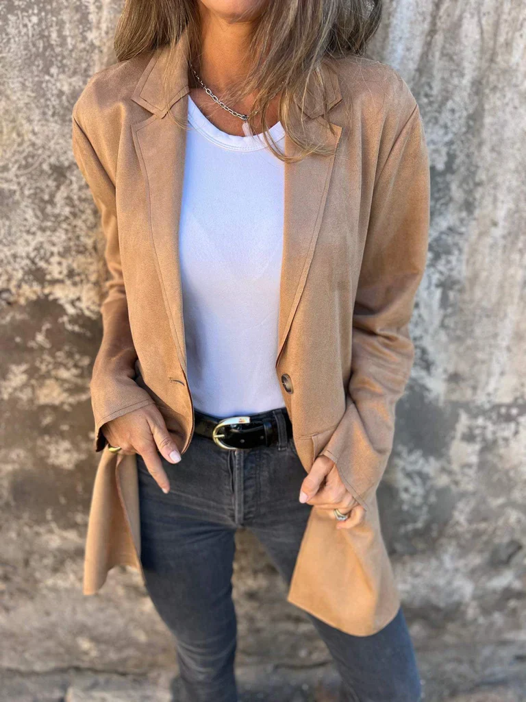Long suede blazer for women - tailored camel-colored coat with buttons and pockets - Image 3