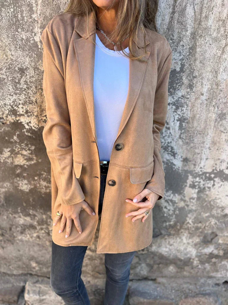 Long suede blazer for women - tailored camel-colored coat with buttons and pockets - Image 4