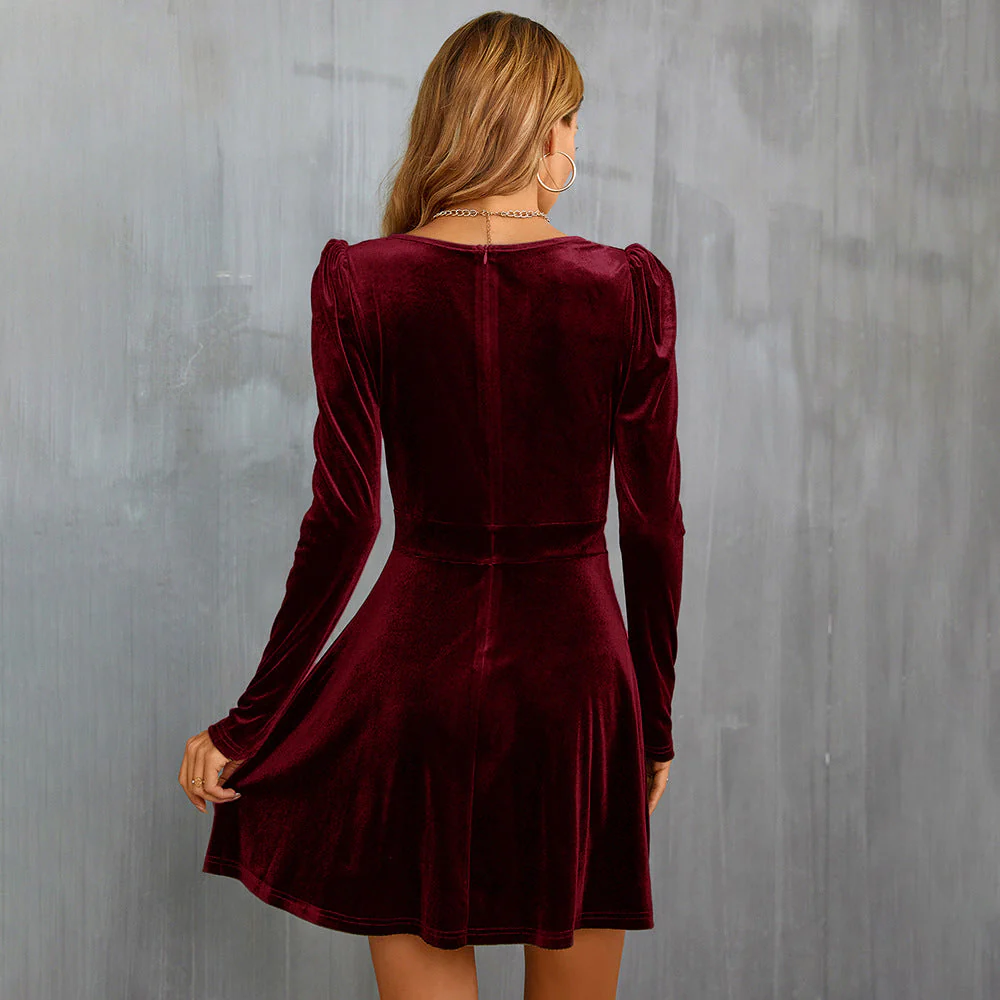 Leandra - Red Velvet Flare Dress with V-neck for Women - Image 2