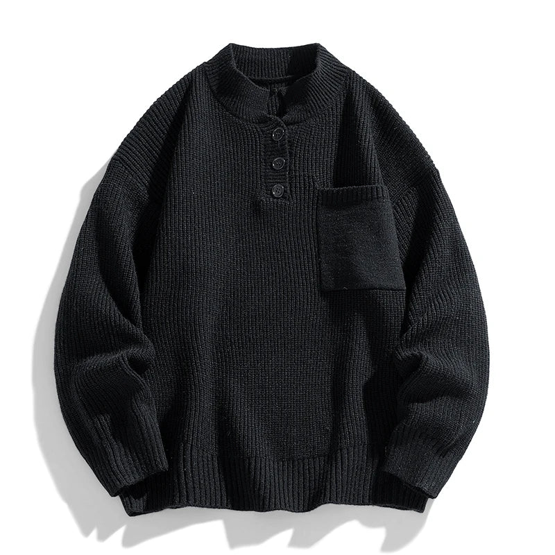 Leo Oversized Knit Sweater | Ribbed Button Placket Chest Pocket Sweater - Image 2