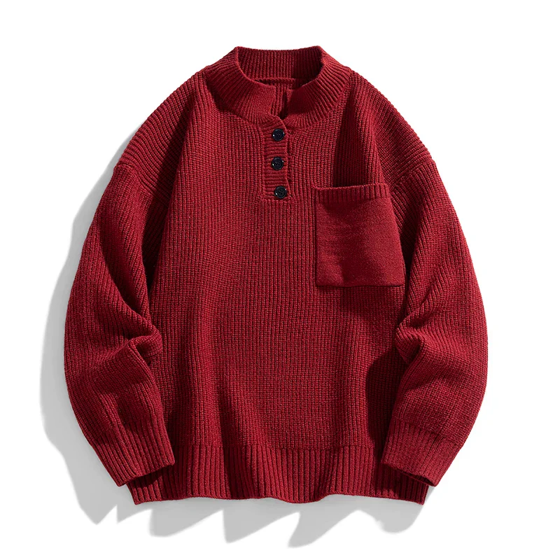 Leo Oversized Knit Sweater | Ribbed Button Placket Chest Pocket Sweater - Image 3