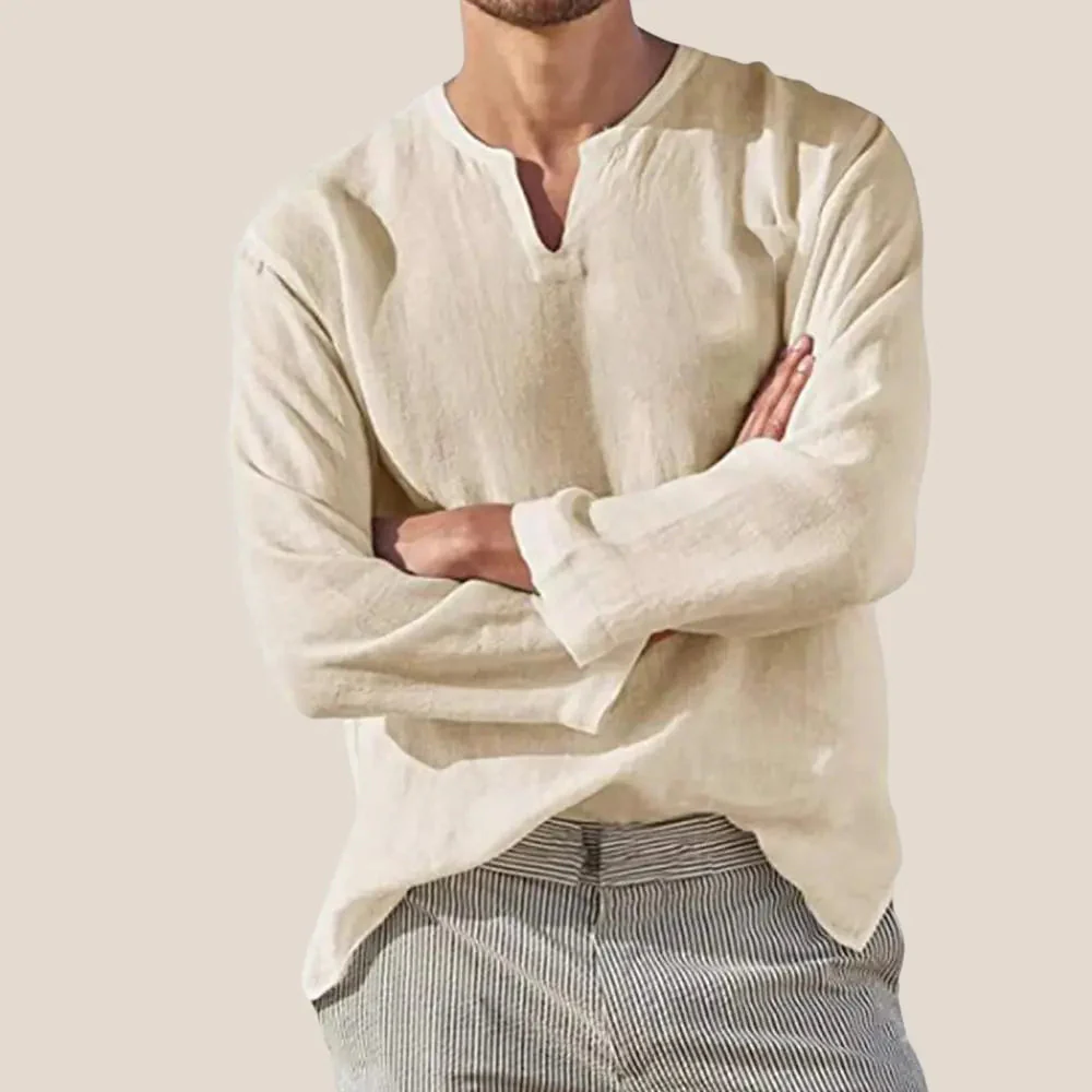 Men's Shirt – Breathable Linen – V-Neck – Long Sleeves – Loose Fit - Image 2