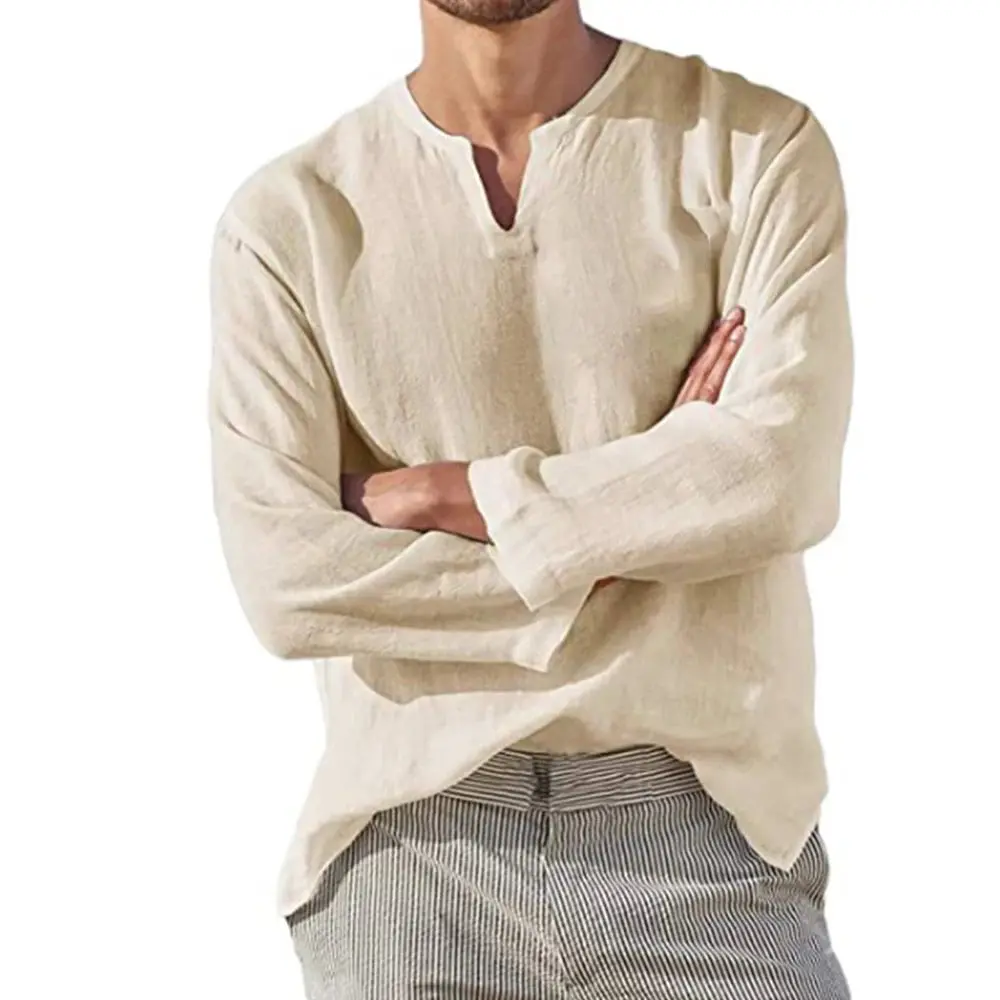Men's Shirt – Breathable Linen – V-Neck – Long Sleeves – Loose Fit - Image 3