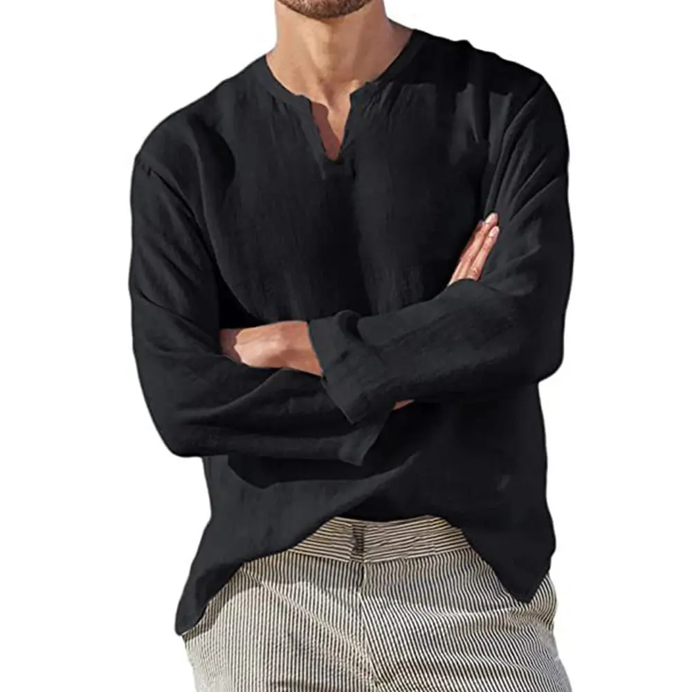 Men's Shirt – Breathable Linen – V-Neck – Long Sleeves – Loose Fit - Image 4