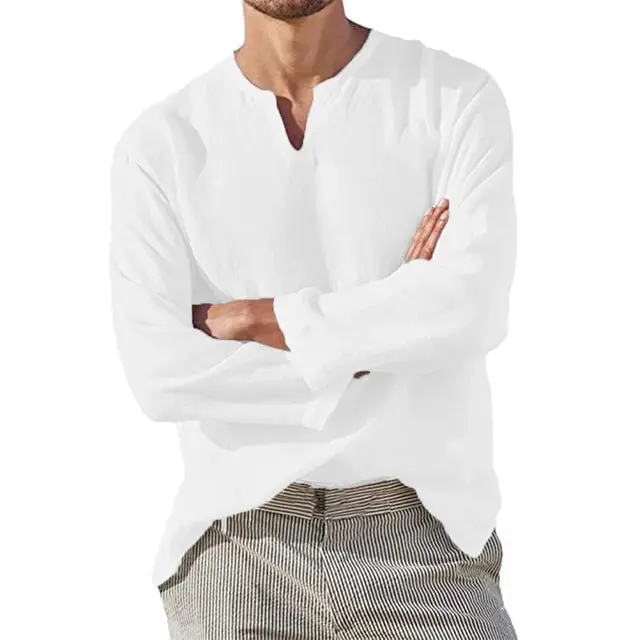 Men's Shirt – Breathable Linen – V-Neck – Long Sleeves – Loose Fit - Image 7