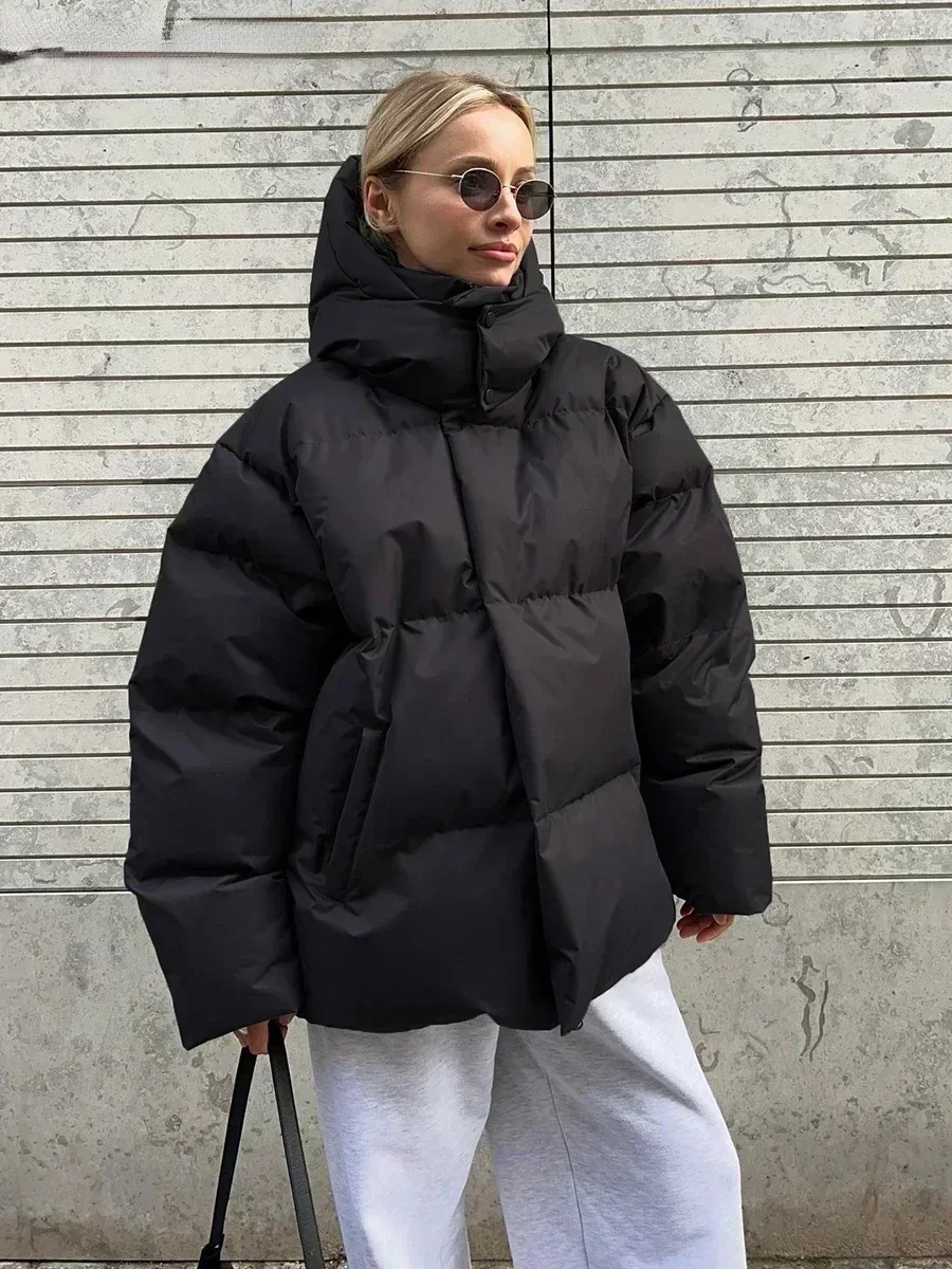 Women's Puffer Jacket - Oversized Quilted Design - With Hood and High Collar - Image 3