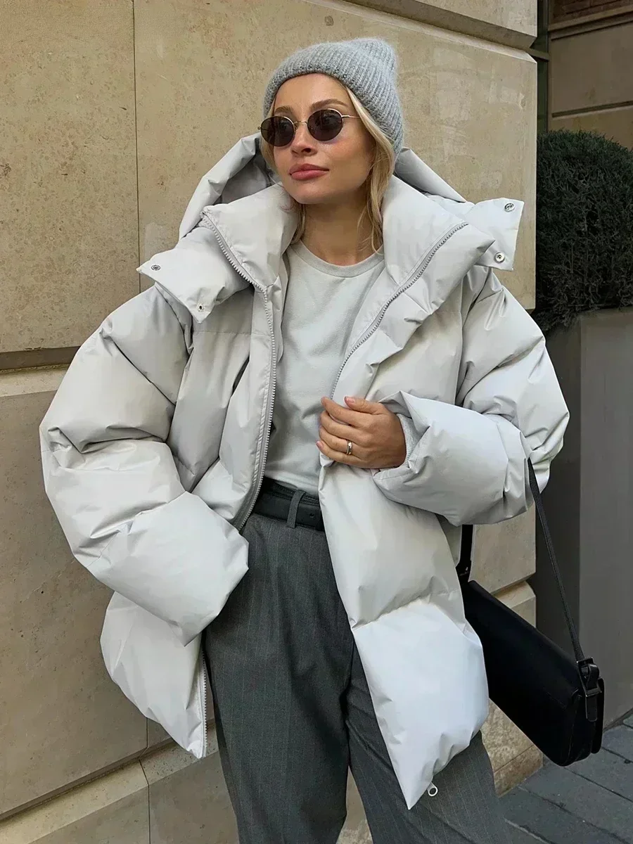 Women's Puffer Jacket - Oversized Quilted Design - With Hood and High Collar - Image 4