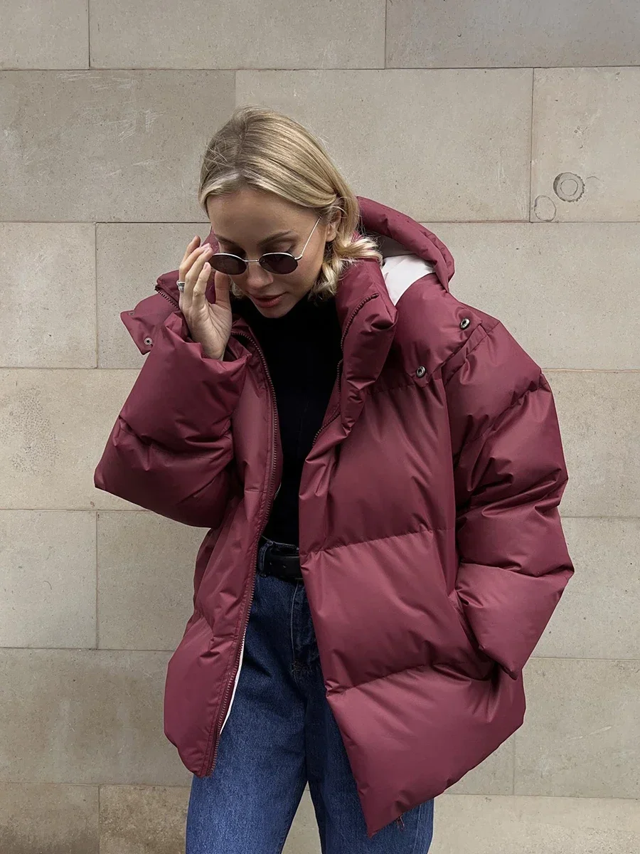 Women's Puffer Jacket - Oversized Quilted Design - With Hood and High Collar - Image 6