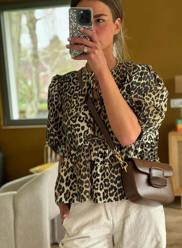 Ladies Blouse - Loose Fit - Puff Sleeve - Peplum Style - Front Tie Closure - Image 3