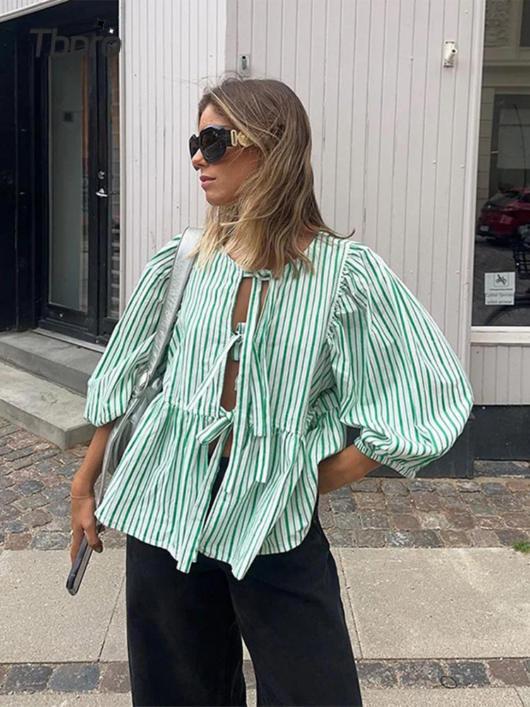 Ladies Blouse – Striped Design – Puff Sleeves – Lightweight – Loose-Fitting Model - Image 3