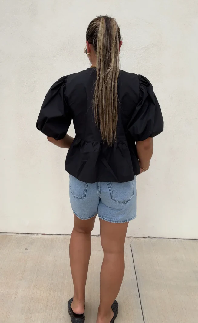 Ladies Blouse - Loose Fit - Puff Sleeve - Peplum Style - Front Tie Closure - Image 2