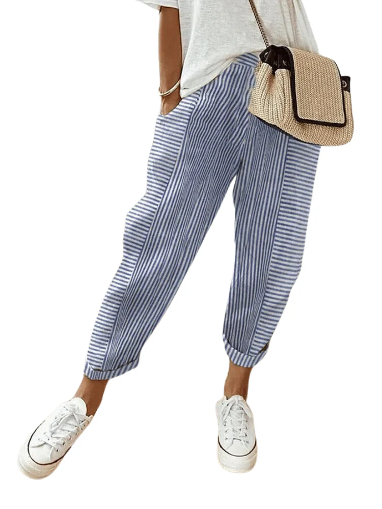 Women's Pants - High Waist - Elastic Waistband - Loose Fit - Breathable Cotton - Image 2