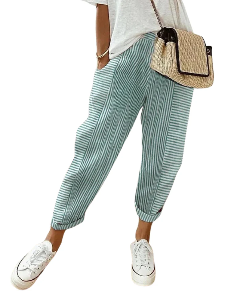 Women's Pants - High Waist - Elastic Waistband - Loose Fit - Breathable Cotton - Image 3