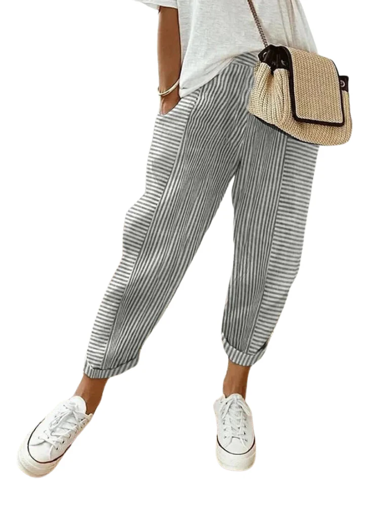 Women's Pants - High Waist - Elastic Waistband - Loose Fit - Breathable Cotton - Image 4