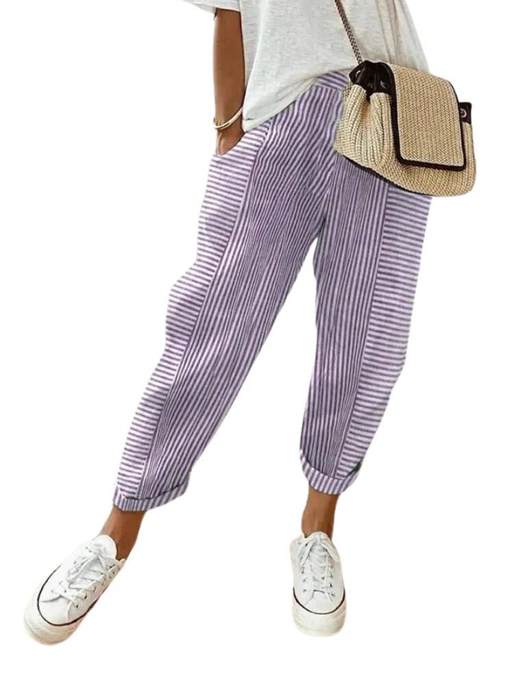 Women's Pants - High Waist - Elastic Waistband - Loose Fit - Breathable Cotton - Image 5