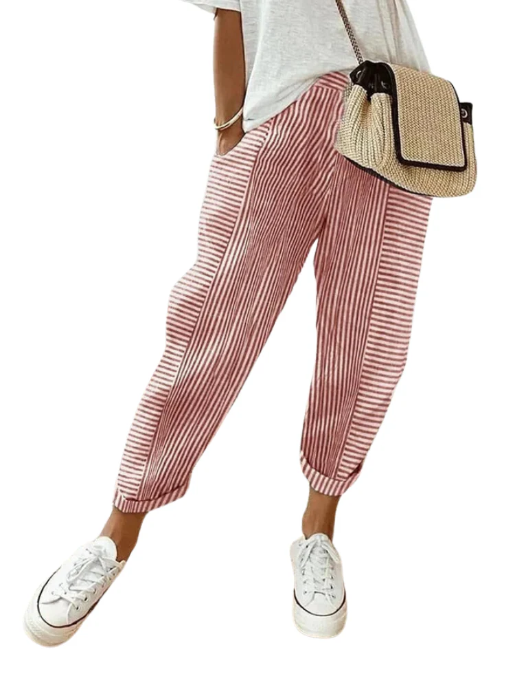 Women's Pants - High Waist - Elastic Waistband - Loose Fit - Breathable Cotton - Image 6