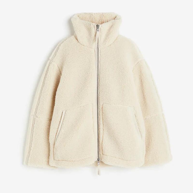 Women's Sherpa Jacket – Teddy Fleece – Relaxed Fit – High Collar – Zipper & Patch Pockets - Image 2