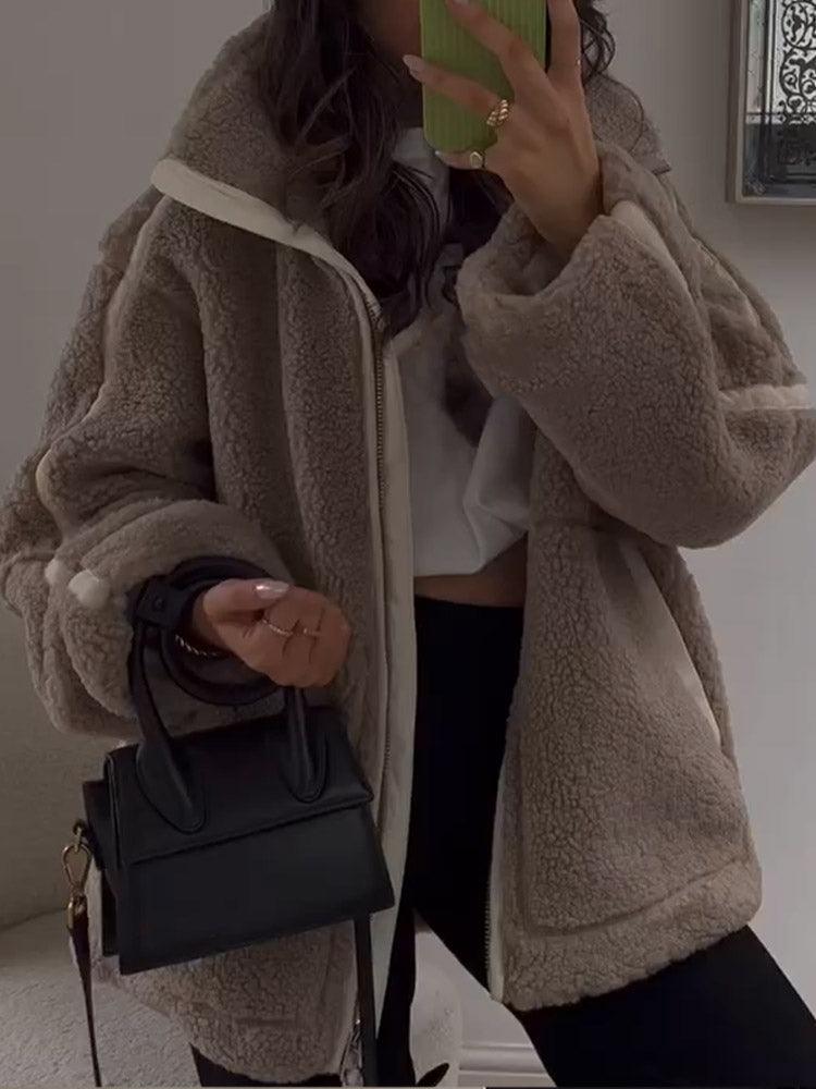 Women's Sherpa Jacket – Teddy Fleece – Relaxed Fit – High Collar – Zipper & Patch Pockets - Image 7